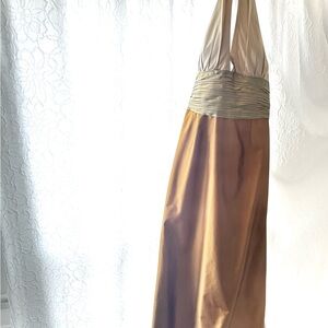 Kay Unger Silk Halter Evening Gown • Gold Bronze Ruched Empire Waist • Size 12